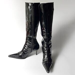 VTG GENUINE LEATHER Femdom Sexy Knee High Side Zip Pointy Fitted Boot Size 7-7.5